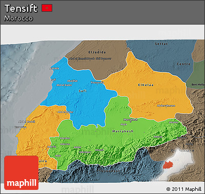 Political 3D Map of Tensift, darken, semi-desaturated