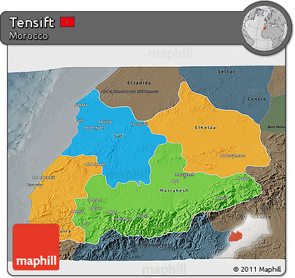 Political 3D Map of Tensift, darken, semi-desaturated