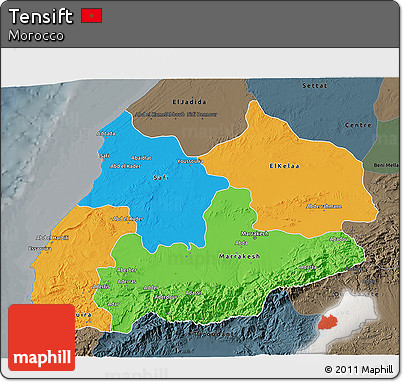 Political 3D Map of Tensift, darken, semi-desaturated