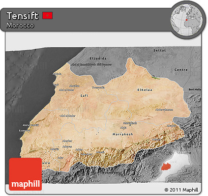 Satellite 3D Map of Tensift, darken, desaturated