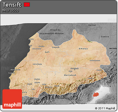 Satellite 3D Map of Tensift, darken, desaturated