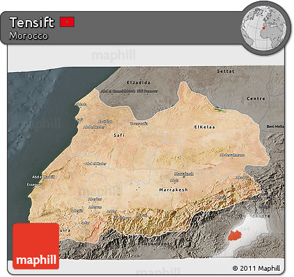 Satellite 3D Map of Tensift, darken, semi-desaturated