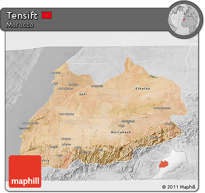 Satellite 3D Map of Tensift, lighten, desaturated