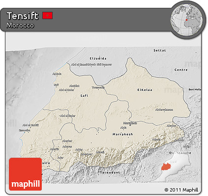 Shaded Relief 3D Map of Tensift, desaturated