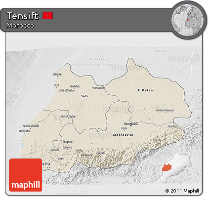 Shaded Relief 3D Map of Tensift, lighten, desaturated