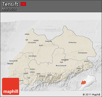 Shaded Relief 3D Map of Tensift, lighten, desaturated
