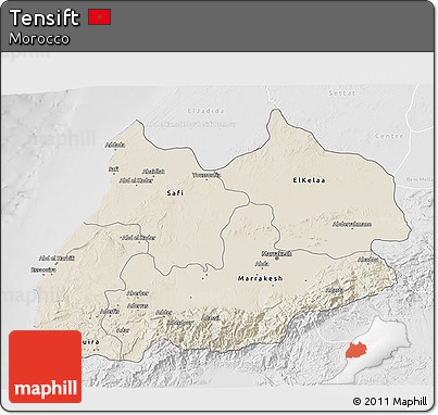 Shaded Relief 3D Map of Tensift, lighten, desaturated