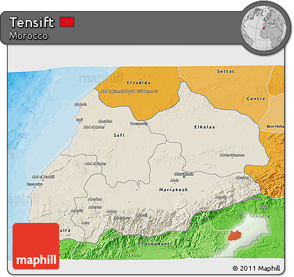 Shaded Relief 3D Map of Tensift, political shades outside