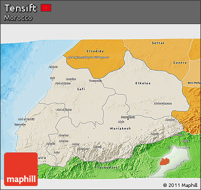 Shaded Relief 3D Map of Tensift, political shades outside
