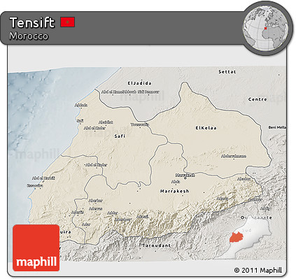 Shaded Relief 3D Map of Tensift, semi-desaturated