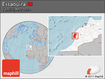 Gray Location Map of Essaouira, highlighted country, hill shading