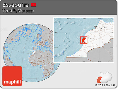 Gray Location Map of Essaouira, highlighted country, hill shading