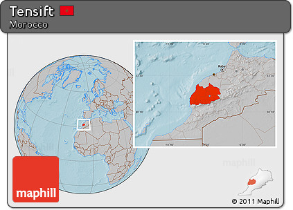 Gray Location Map of Tensift, hill shading