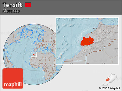 Gray Location Map of Tensift, hill shading