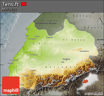 Physical Map of Tensift, darken, semi-desaturated