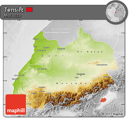 Physical Map of Tensift, lighten, desaturated