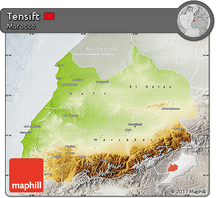 Physical Map of Tensift, lighten, semi-desaturated