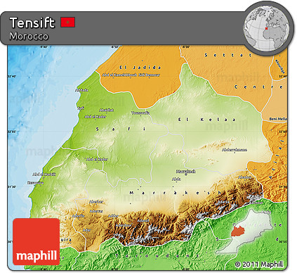 Physical Map of Tensift, political shades outside