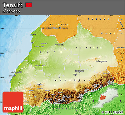 Physical Map of Tensift, political shades outside
