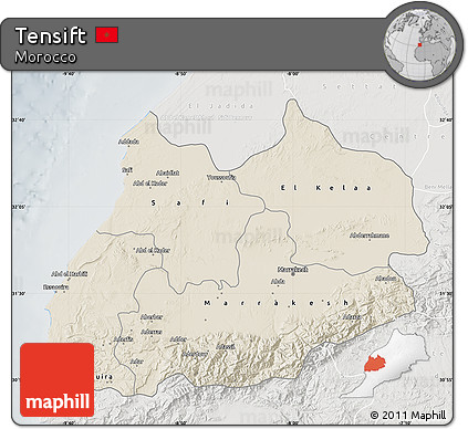Shaded Relief Map of Tensift, lighten, semi-desaturated