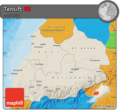 Shaded Relief Map of Tensift, political outside