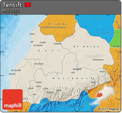 Shaded Relief Map of Tensift, political outside