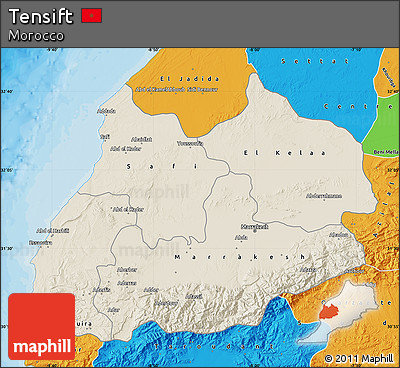 Shaded Relief Map of Tensift, political outside