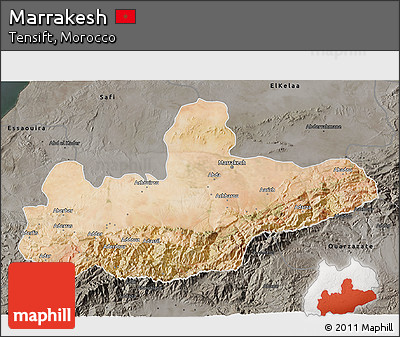 Satellite 3D Map of Marrakesh, darken, semi-desaturated
