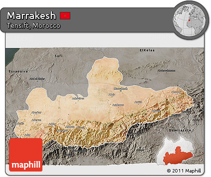Satellite 3D Map of Marrakesh, darken, semi-desaturated