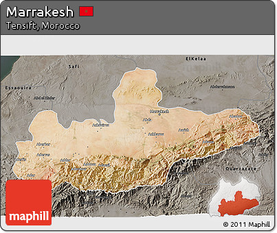 Satellite 3D Map of Marrakesh, darken, semi-desaturated