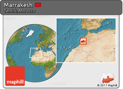 Satellite Location Map of Marrakesh, highlighted parent region, within the entire country