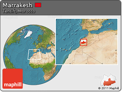 Satellite Location Map of Marrakesh, highlighted parent region, within the entire country