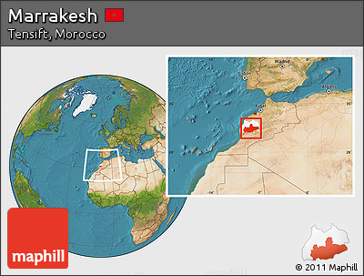Satellite Location Map of Marrakesh, highlighted parent region, within the entire country