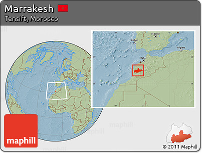 Savanna Style Location Map of Marrakesh, within the entire country, hill shading