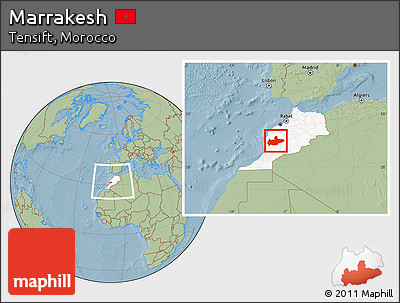 Savanna Style Location Map of Marrakesh, highlighted country, within the entire country, hill shading