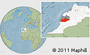 Savanna Style Location Map of Marrakesh, highlighted country, highlighted parent region, hill shading
