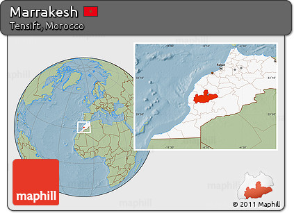 Savanna Style Location Map of Marrakesh, highlighted country, hill shading