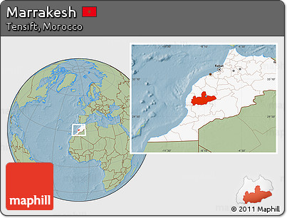 Savanna Style Location Map of Marrakesh, highlighted country, hill shading