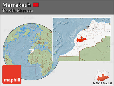 Savanna Style Location Map of Marrakesh, highlighted country, hill shading