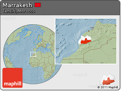 Savanna Style Location Map of Marrakesh, highlighted parent region, hill shading