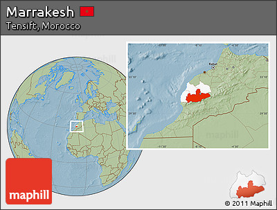 Savanna Style Location Map of Marrakesh, highlighted parent region, hill shading