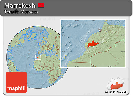Savanna Style Location Map of Marrakesh, hill shading