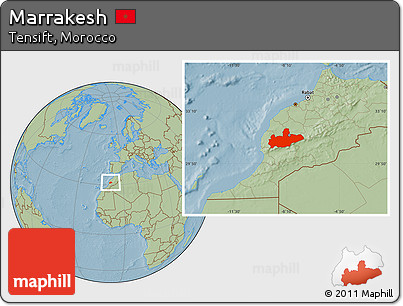Savanna Style Location Map of Marrakesh, hill shading