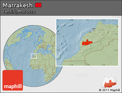 Savanna Style Location Map of Marrakesh, hill shading