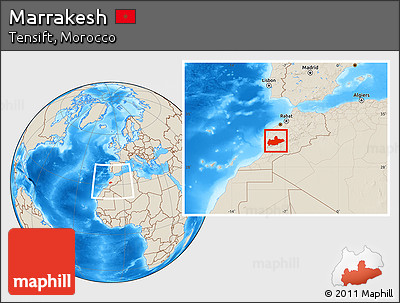 Shaded Relief Location Map of Marrakesh, within the entire country