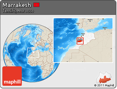 Shaded Relief Location Map of Marrakesh, highlighted country, highlighted parent region, within the entire country