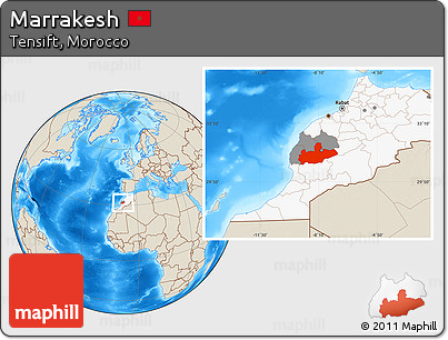 Shaded Relief Location Map of Marrakesh, highlighted country, highlighted parent region