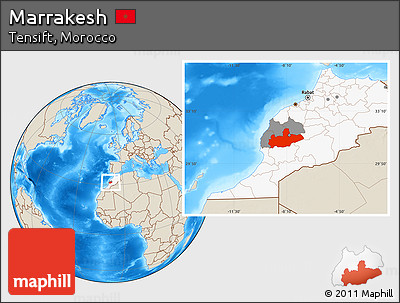 Shaded Relief Location Map of Marrakesh, highlighted country, highlighted parent region