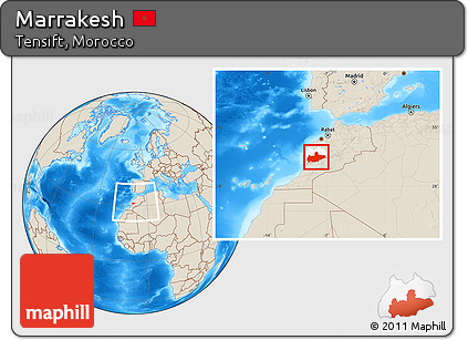 Shaded Relief Location Map of Marrakesh, highlighted parent region, within the entire country