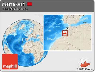Shaded Relief Location Map of Marrakesh, highlighted parent region, within the entire country